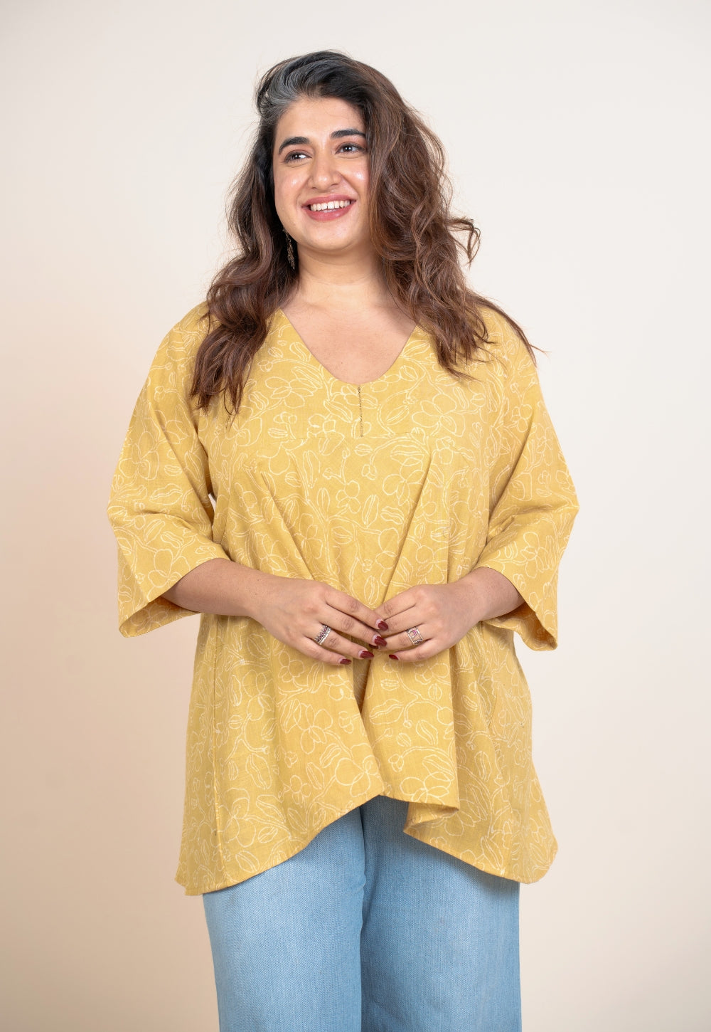 Zeya Yellow Handblock Print Slub Cotton A Line Short Top