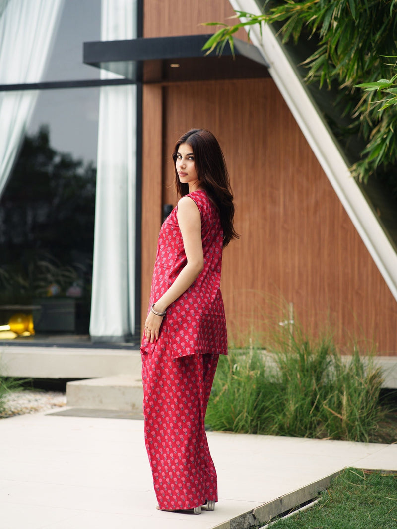 Kaira Red Handblock Cotton Two Piece Farshi Set