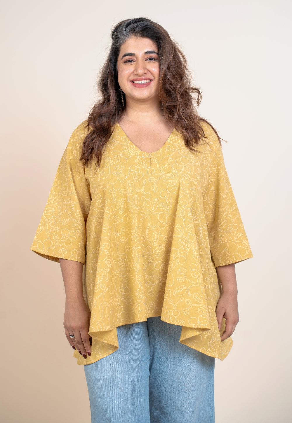 Zeya Yellow Handblock Print Slub Cotton A Line Short Top