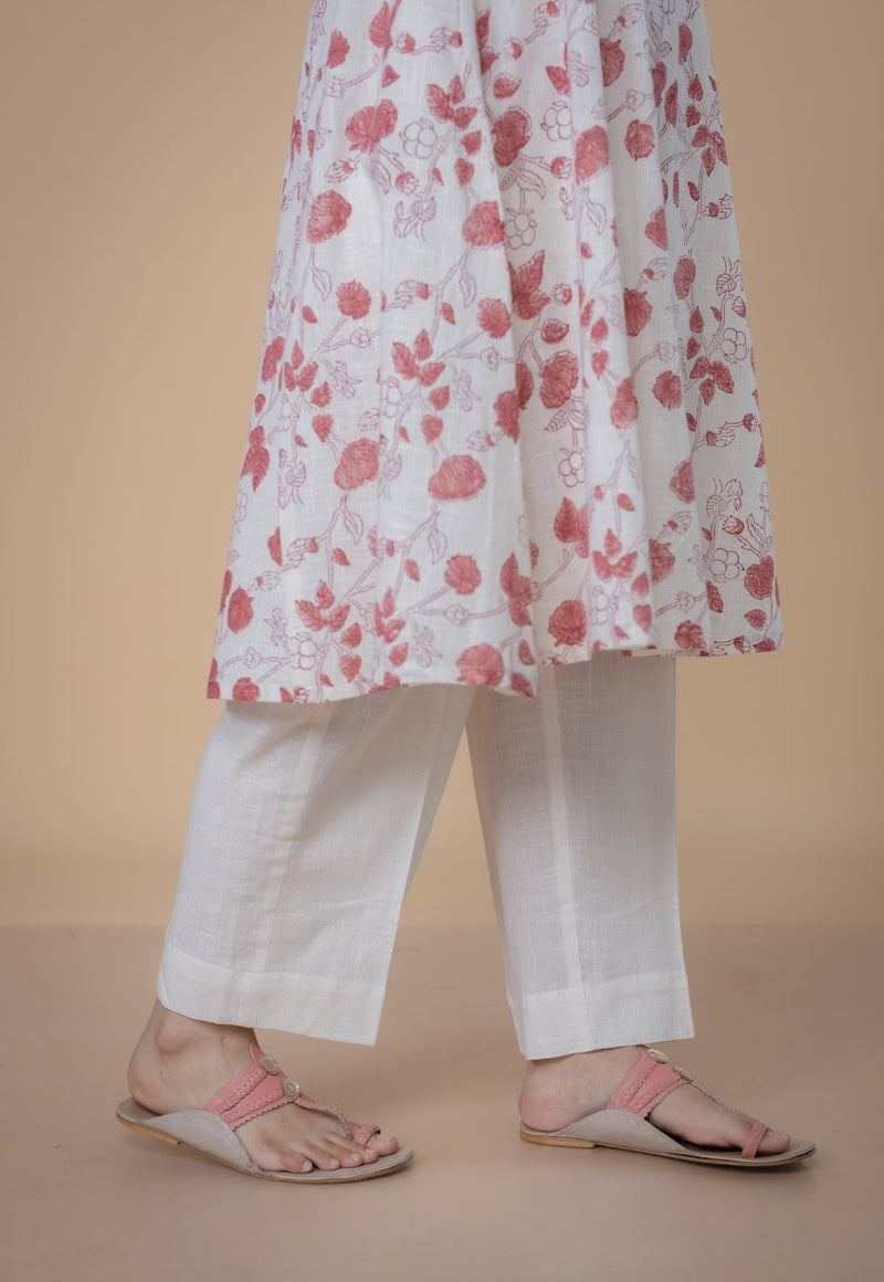 Yashi White Solid Slub Cotton Straight Pant