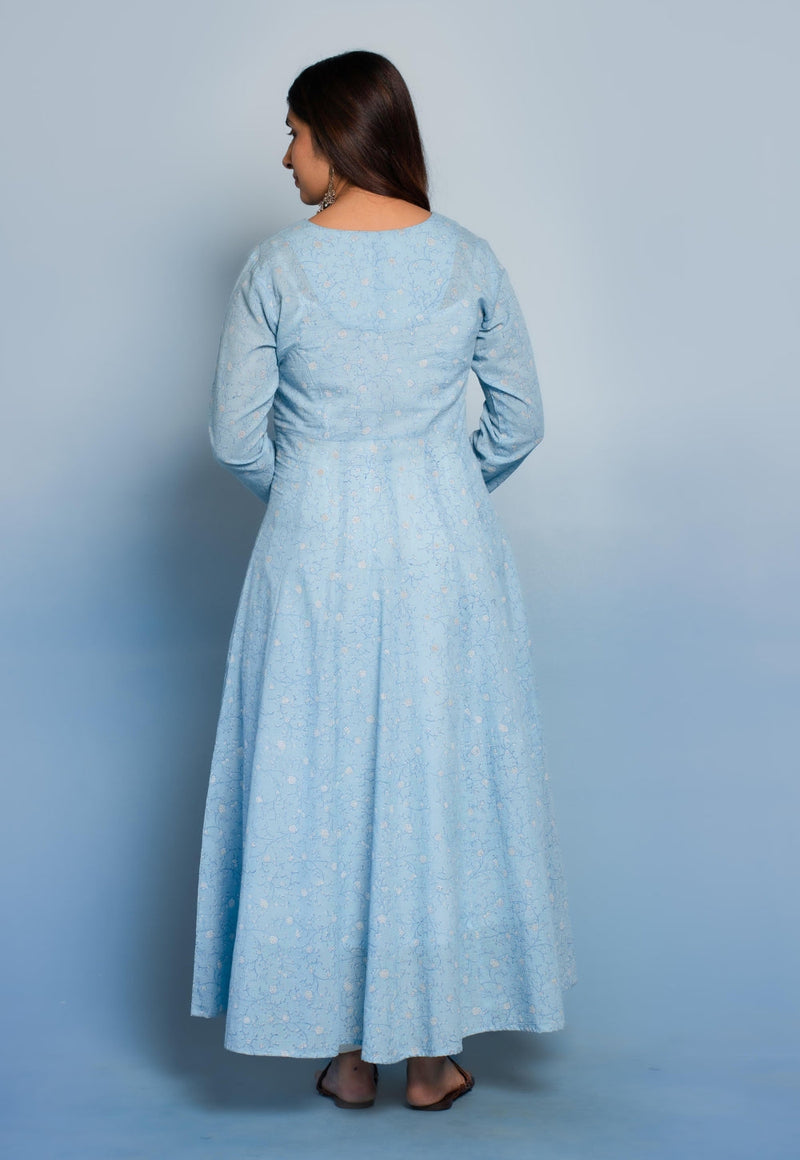 Amaya Blue Dabu Mul Cotton Kali Kurta