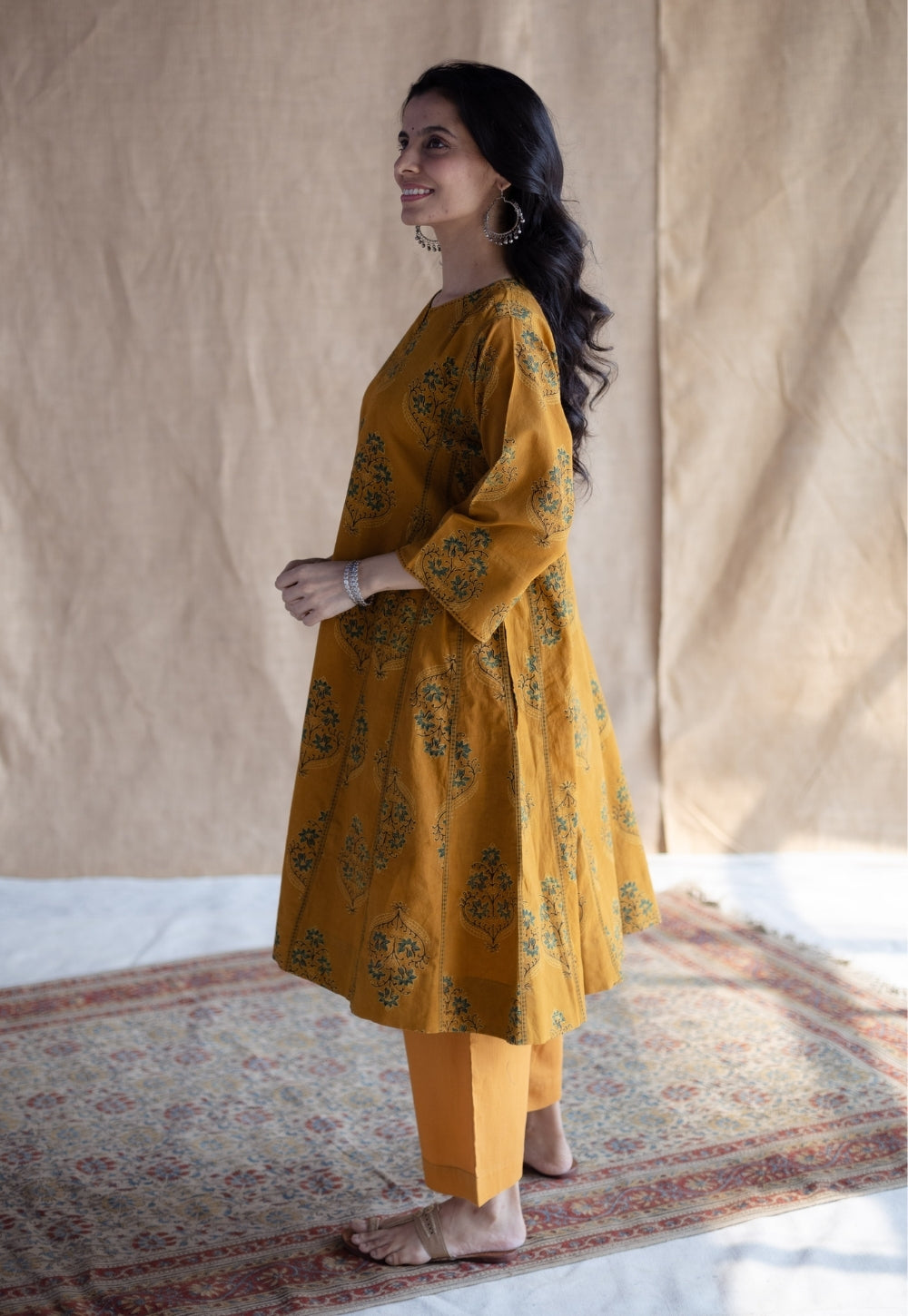 Trisha Mustard Ajrakh Cotton Jhabbha Kali Kurta with Hand Embroidery