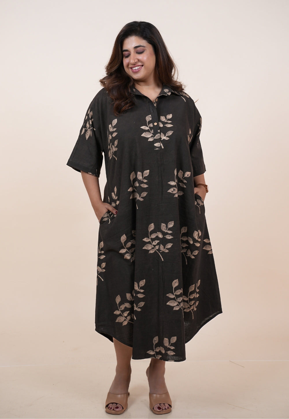 Risha Brown Dabu Slub Cotton A Line Dress