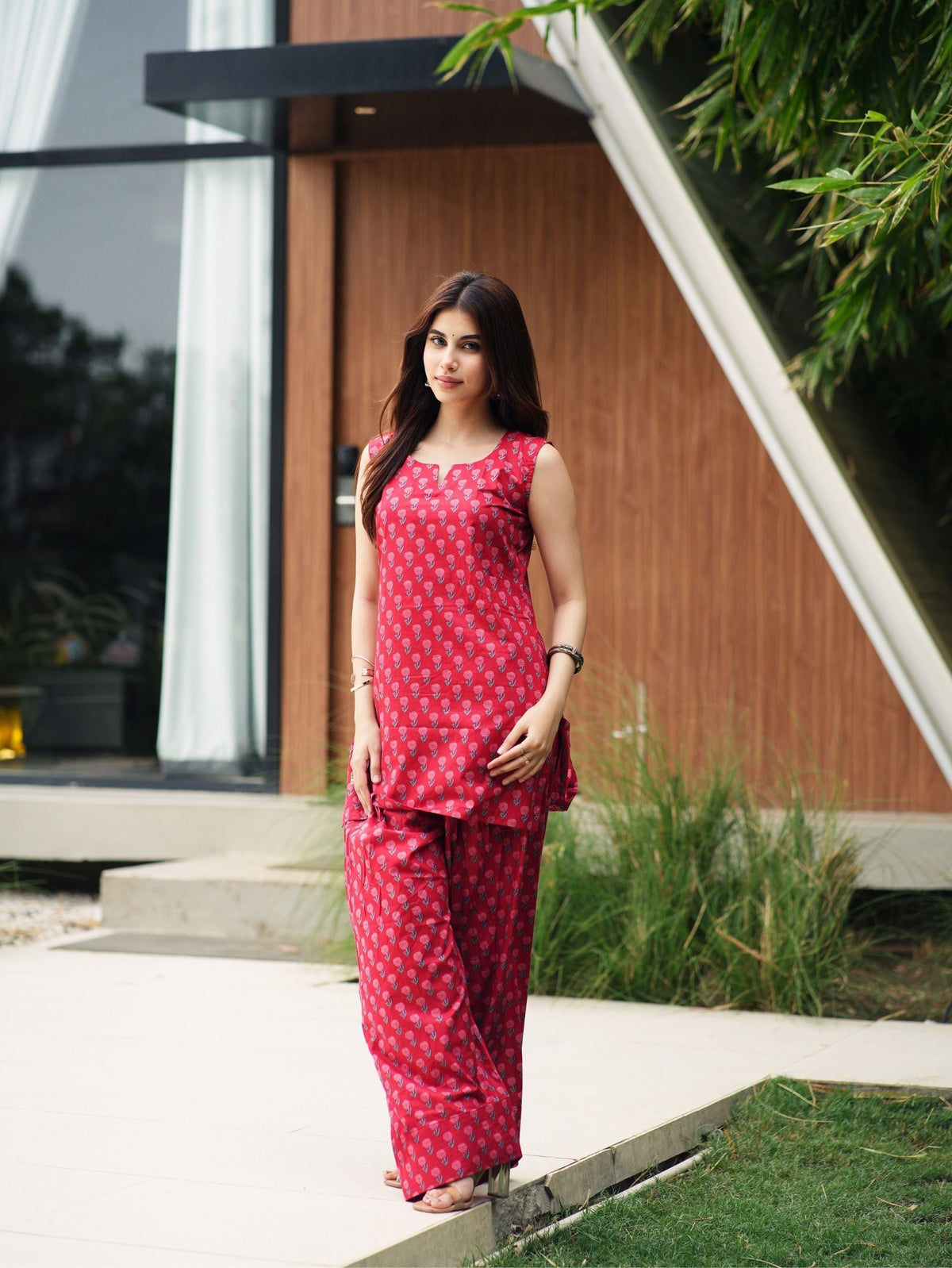Kaira Red Handblock Cotton Two Piece Farshi Set