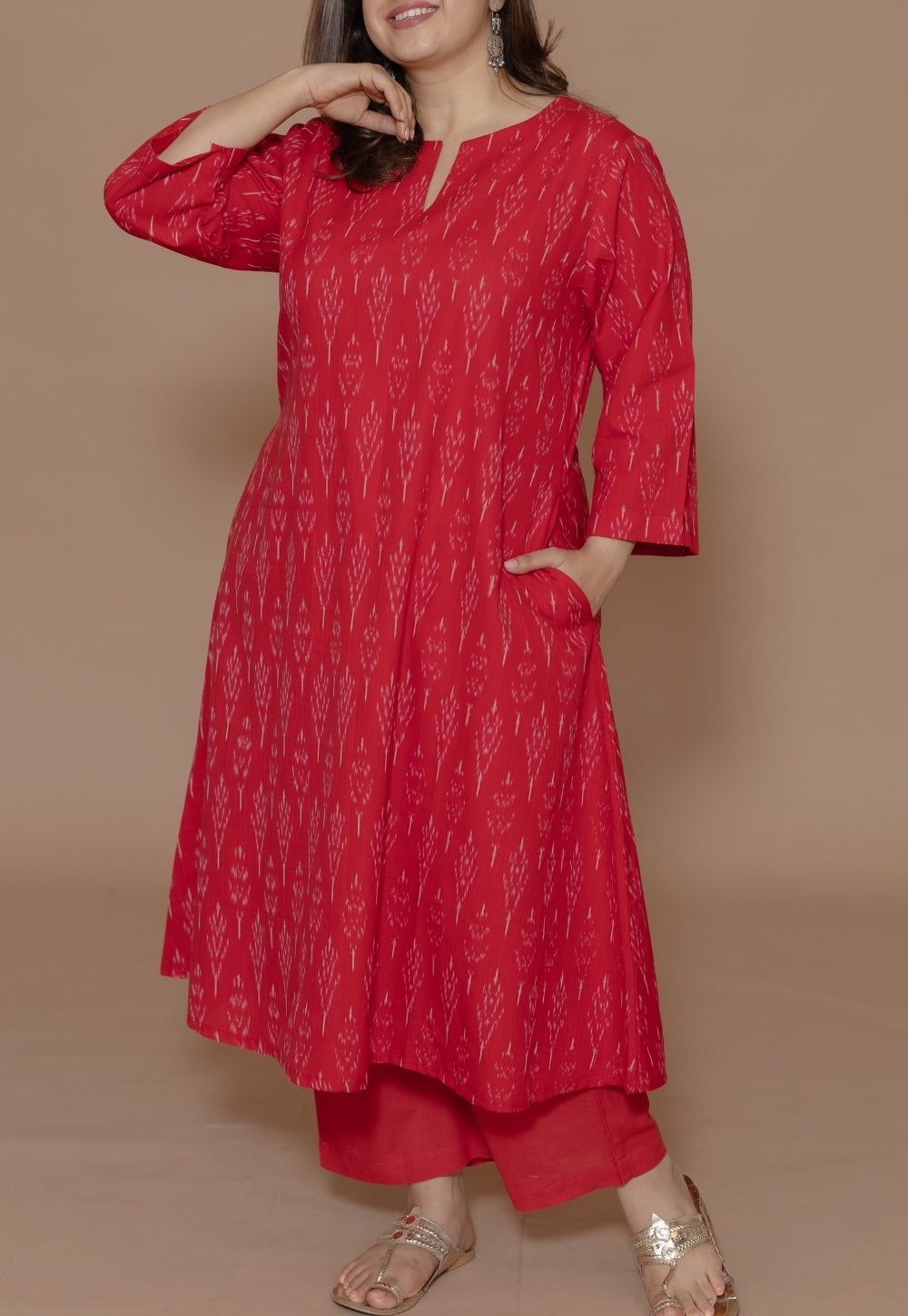 Geet Red Handloom Ikkat Cotton A Line Kurta