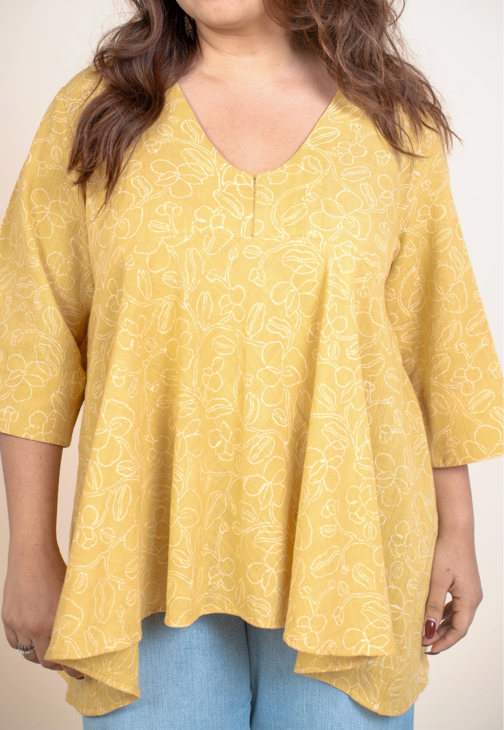 Zeya Yellow Handblock Print Slub Cotton A Line Short Top