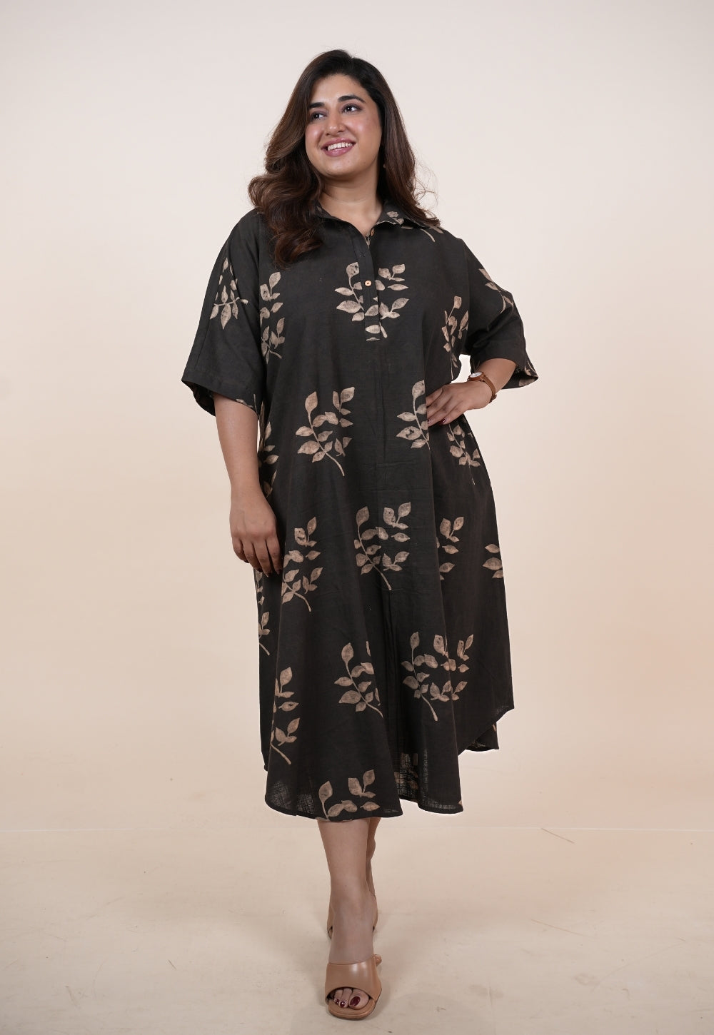 Risha Brown Dabu Slub Cotton A Line Dress