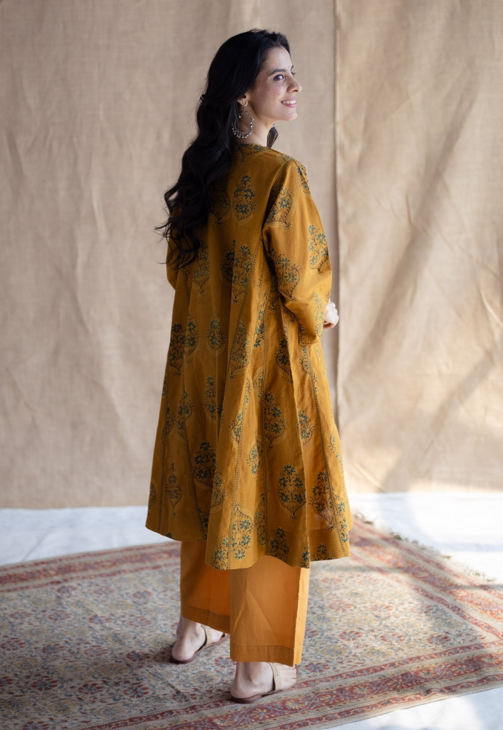 Trisha Mustard Ajrakh Cotton Jhabbha Kali Kurta with Hand Embroidery