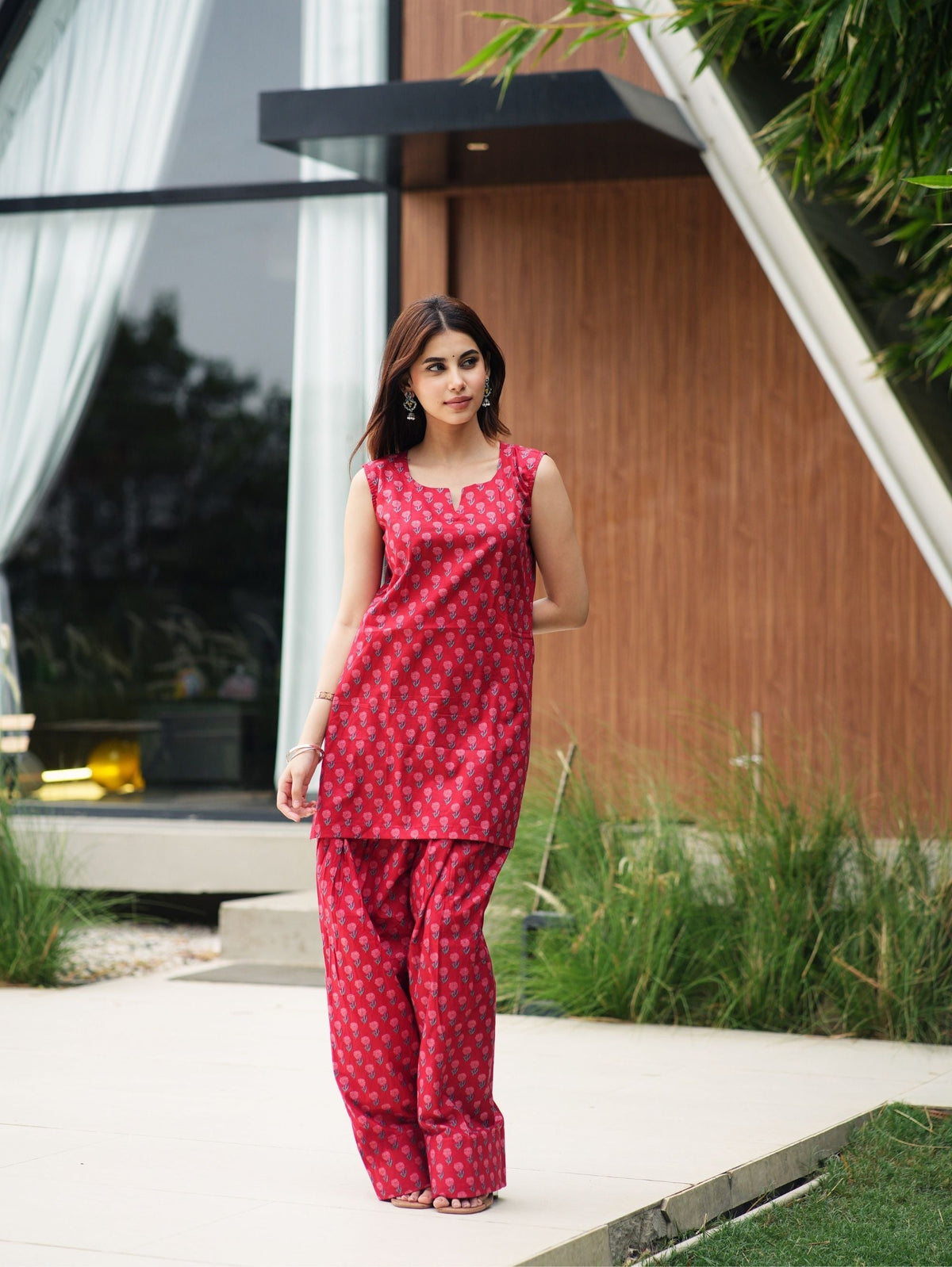 Kaira Red Handblock Cotton Two Piece Farshi Set