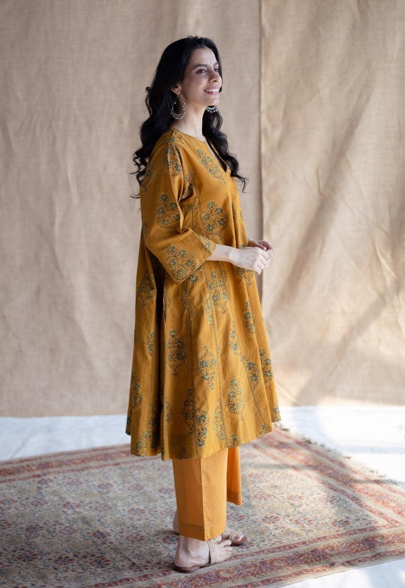 Trisha Mustard Ajrakh Cotton Jhabbha Kali Kurta with Hand Embroidery