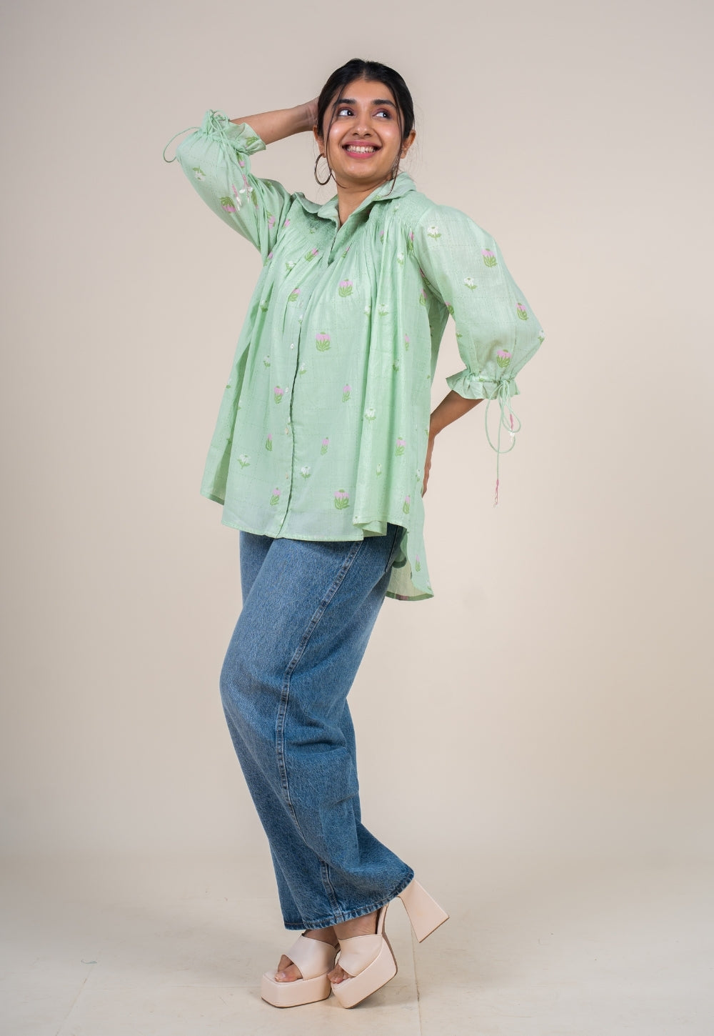Yuvika Mint Green Printed Mul Straight Short Top