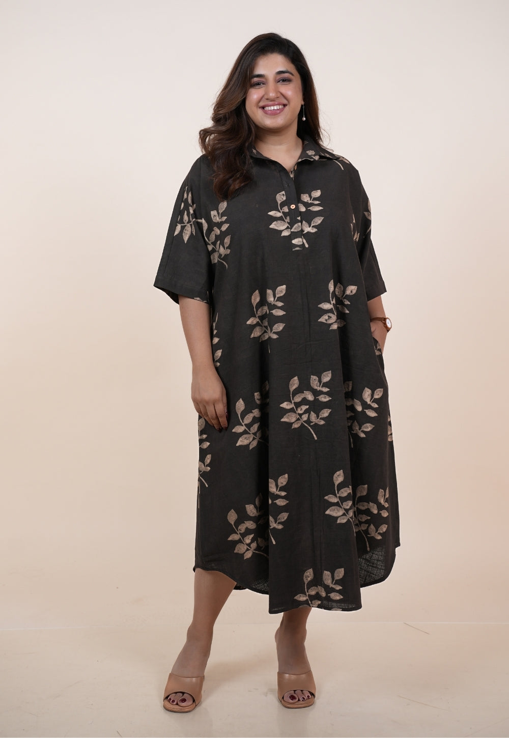 Risha Brown Dabu Slub Cotton A Line Dress
