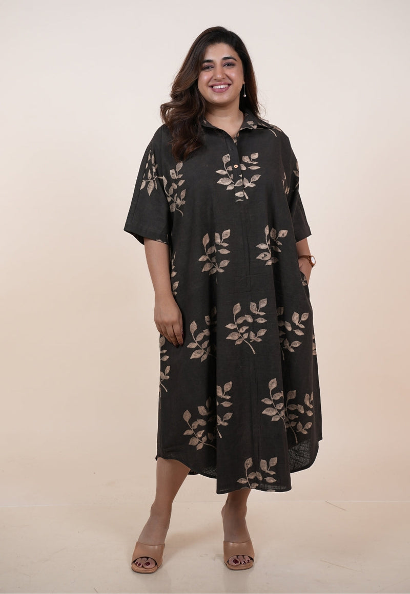 Risha Brown Dabu Slub Cotton A Line Dress