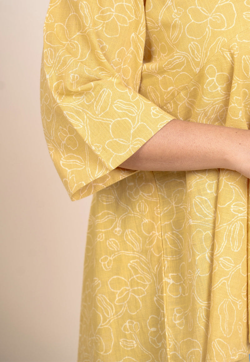 Zeya Yellow Handblock Print Slub Cotton A Line Short Top