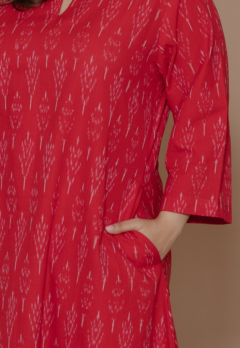 Geet Red Handloom Ikkat Cotton A Line Kurta