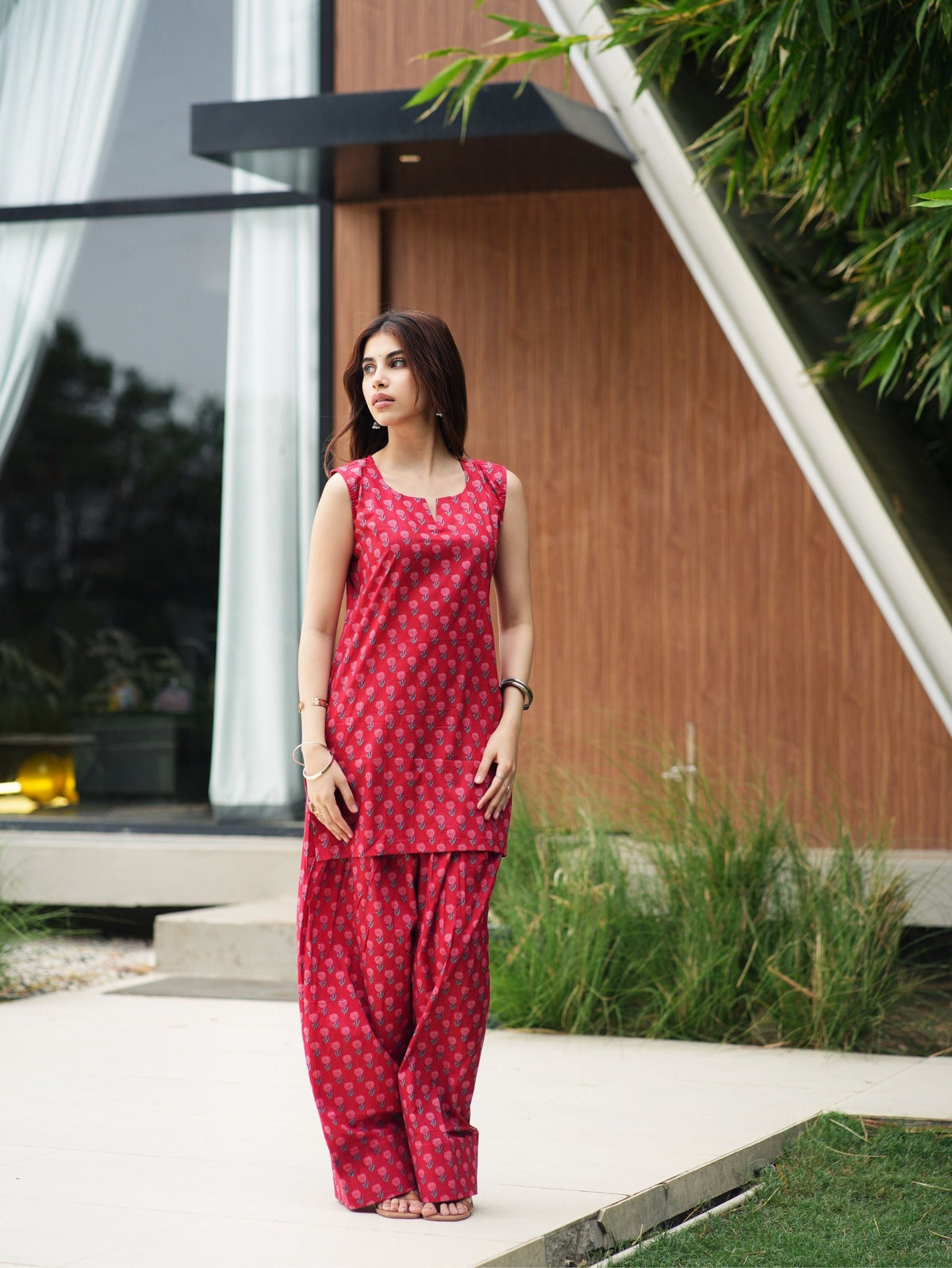 Kaira Red Handblock Cotton Two Piece Farshi Set