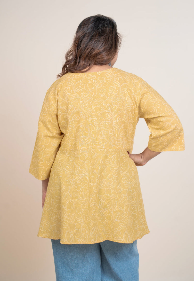 Zeya Yellow Handblock Print Slub Cotton A Line Short Top