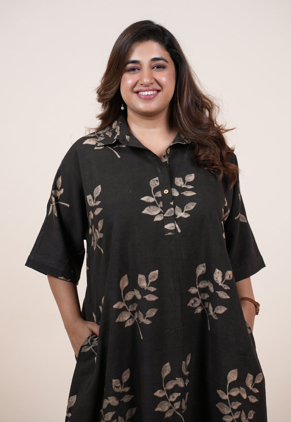 Risha Brown Dabu Slub Cotton A Line Dress