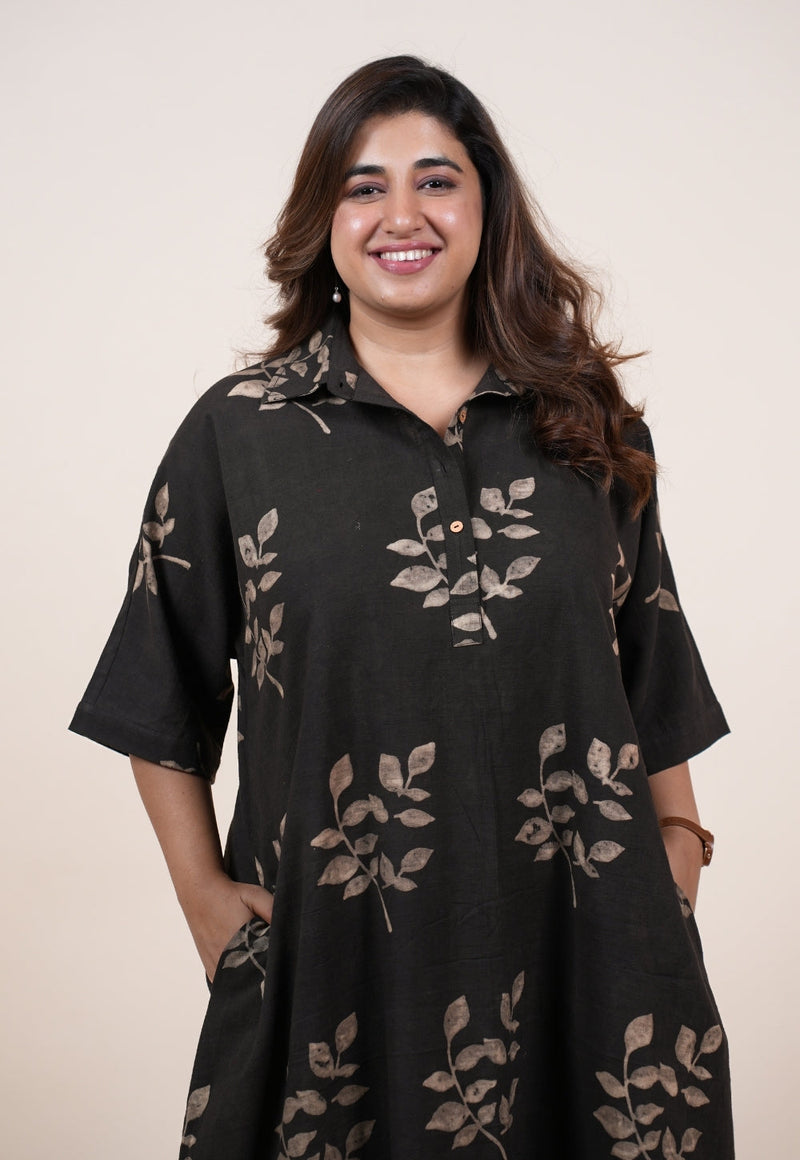 Risha Brown Dabu Slub Cotton A Line Dress
