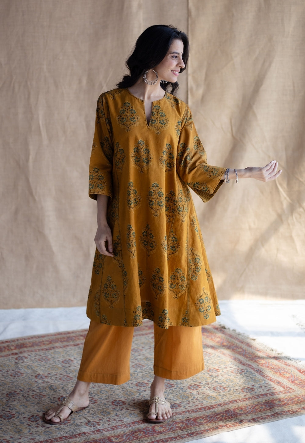 Trisha Mustard Ajrakh Cotton Jhabbha Kali Kurta with Hand Embroidery