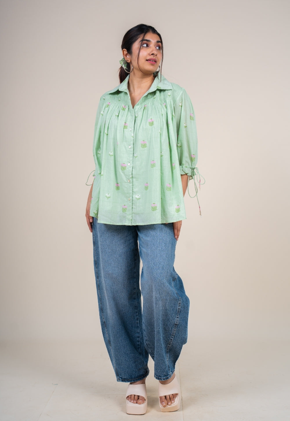 Yuvika Mint Green Printed Mul Straight Short Top
