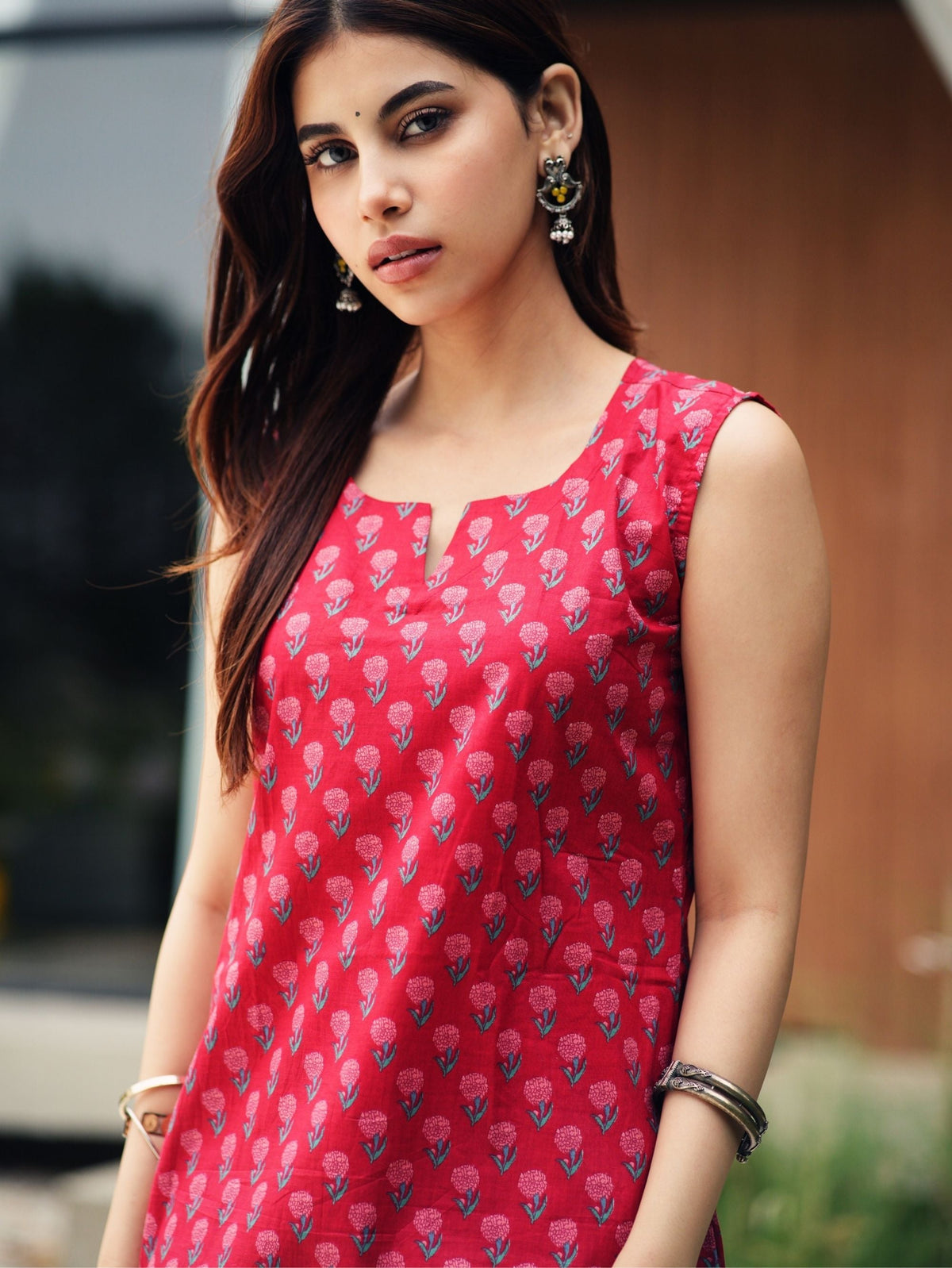 Kaira Red Handblock Cotton Two Piece Farshi Set