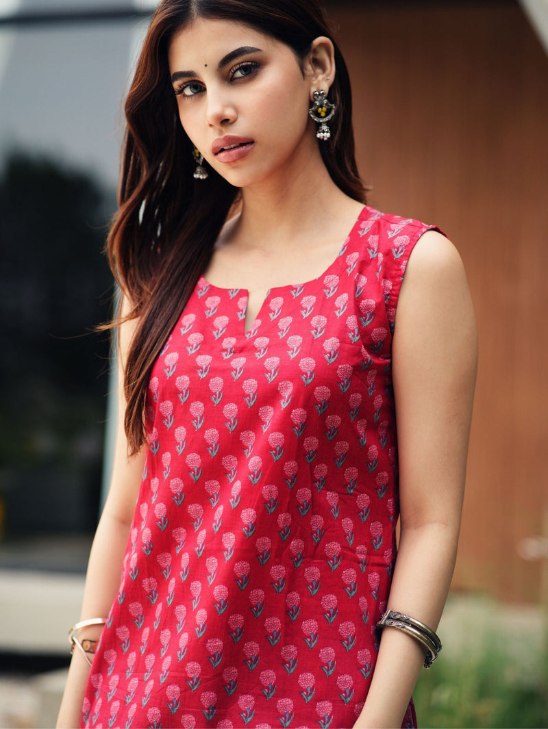 Kaira Red Handblock Cotton Two Piece Farshi Set