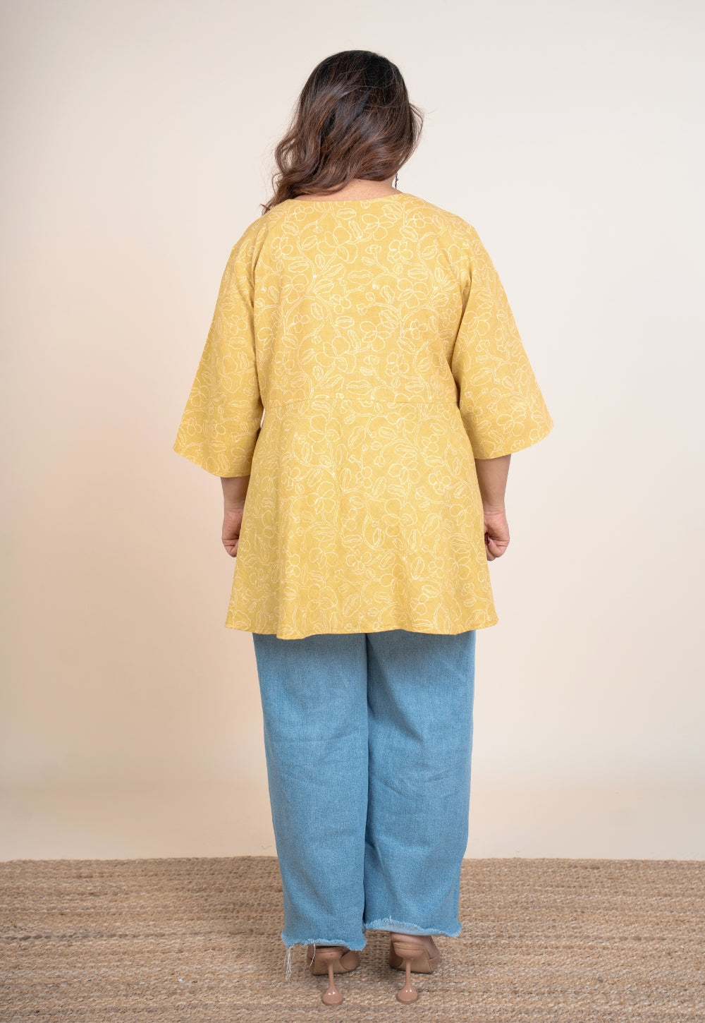 Zeya Yellow Handblock Print Slub Cotton A Line Short Top