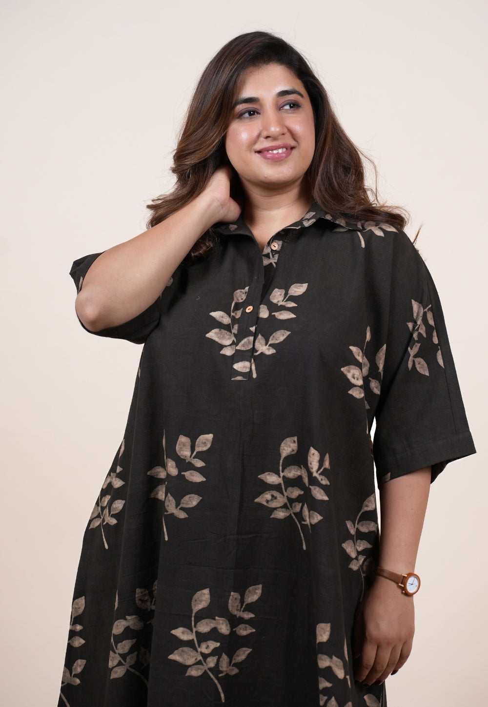 Risha Brown Dabu Slub Cotton A Line Dress