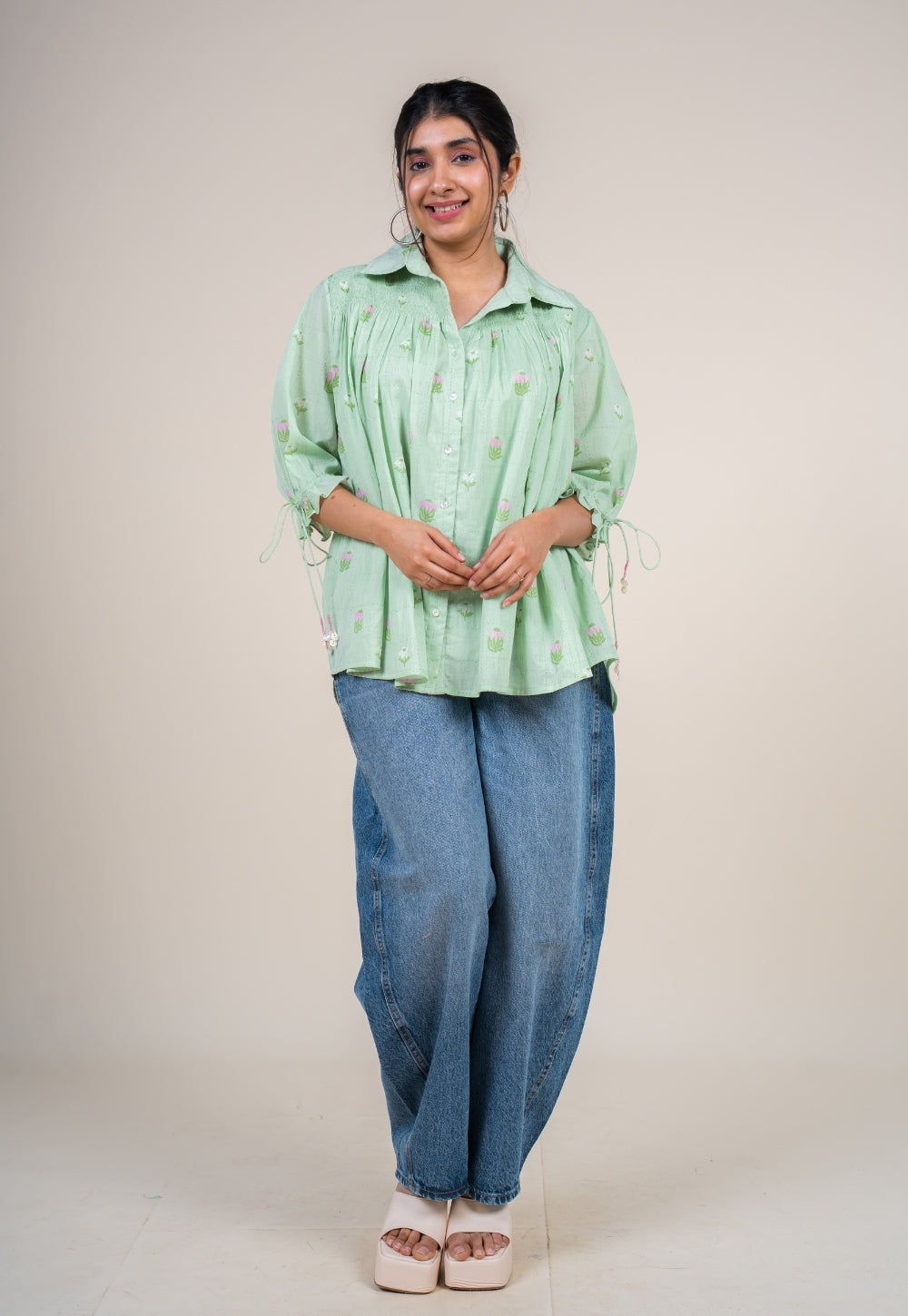 Yuvika Mint Green Printed Mul Straight Short Top