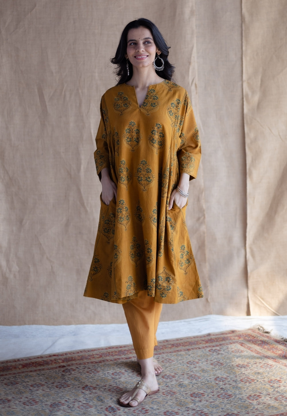 Trisha Mustard Ajrakh Cotton Jhabbha Kali Kurta with Hand Embroidery
