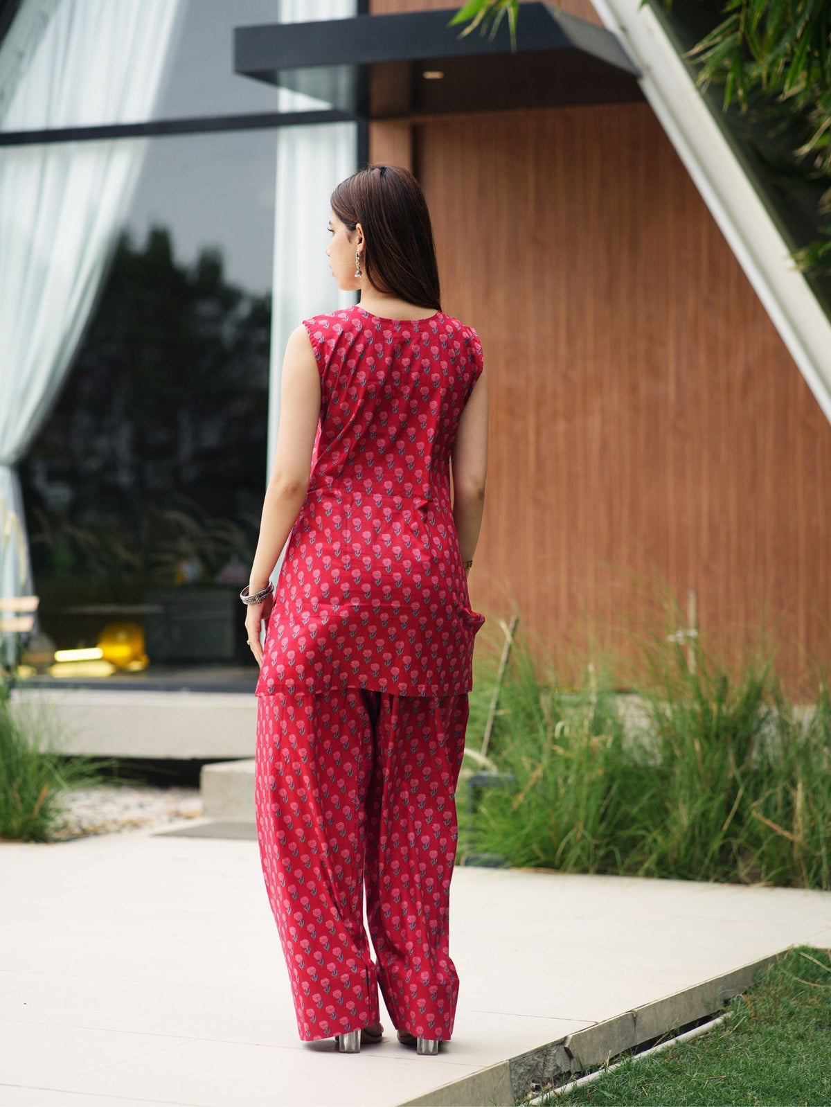Kaira Red Handblock Cotton Two Piece Farshi Set