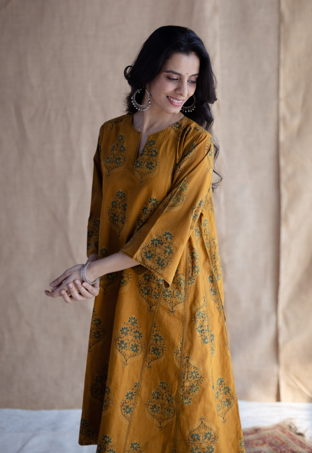 Trisha Mustard Ajrakh Cotton Jhabbha Kali Kurta with Hand Embroidery