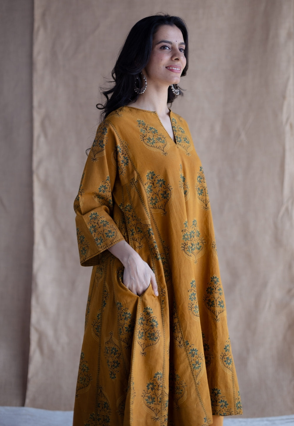 Trisha Mustard Ajrakh Cotton Jhabbha Kali Kurta with Hand Embroidery
