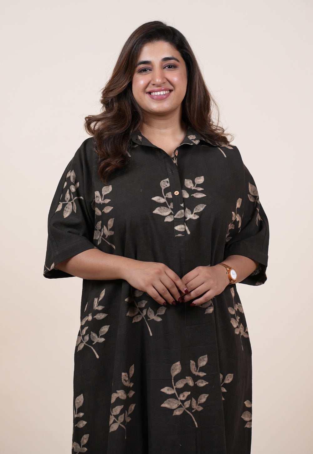 Risha Brown Dabu Slub Cotton A Line Dress
