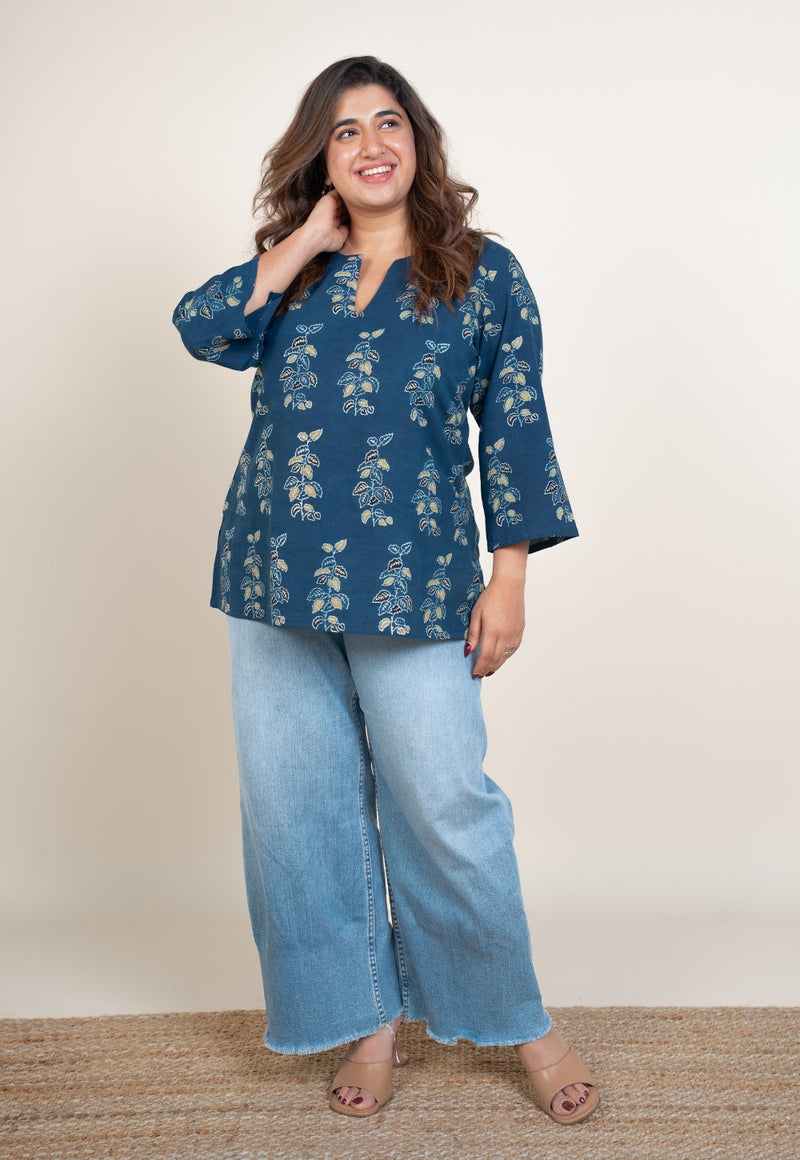 Anvi Blue Ajrakh Cotton Straight Short Top