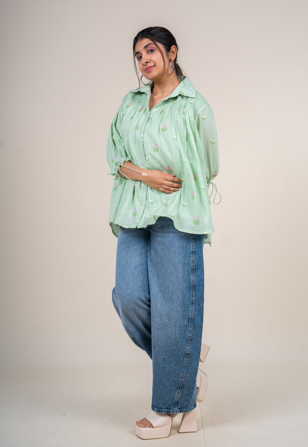 Yuvika Mint Green Printed Mul Straight Short Top