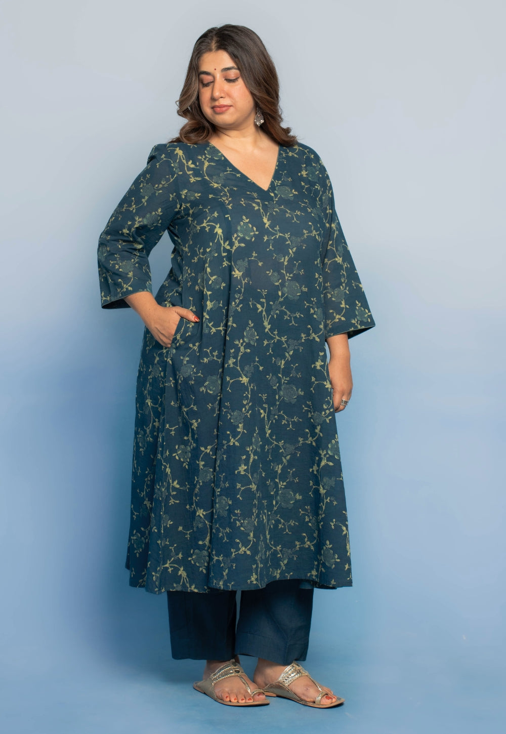 Prita Teal Blue Solid Slub Cotton Narrow Pant
