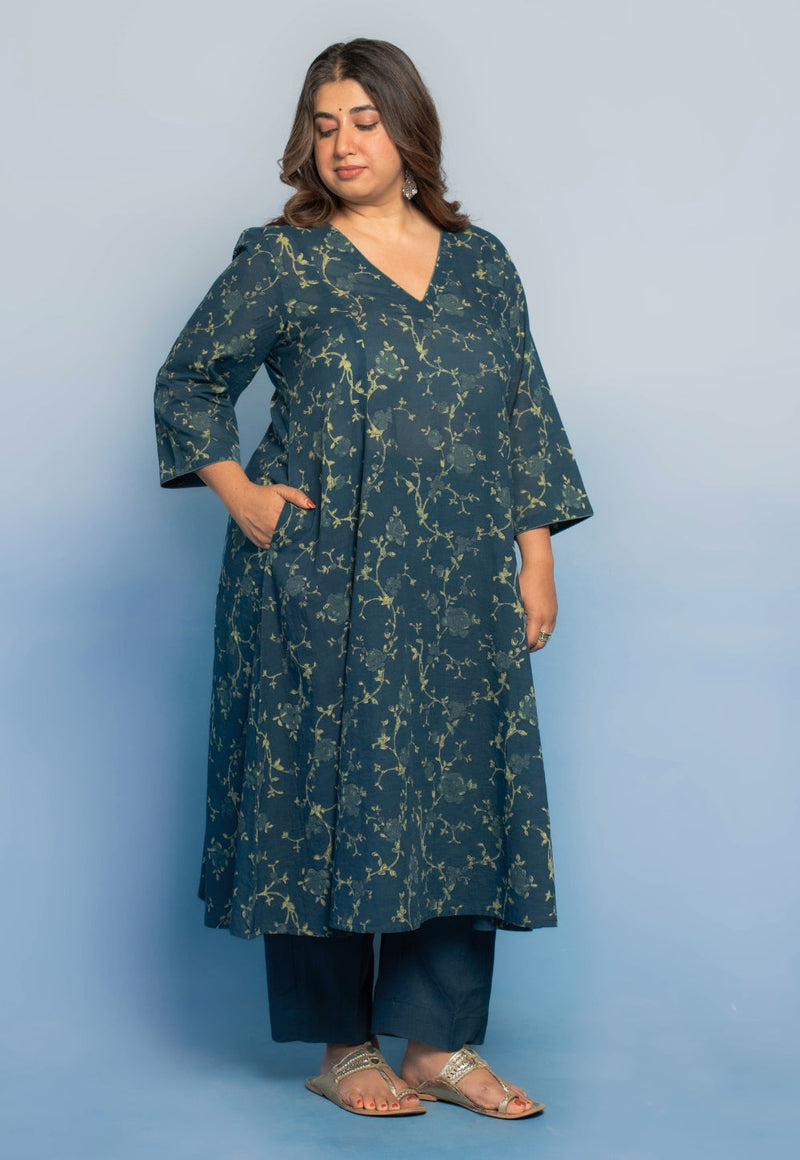Prita Teal Blue Solid Slub Cotton Narrow Pant