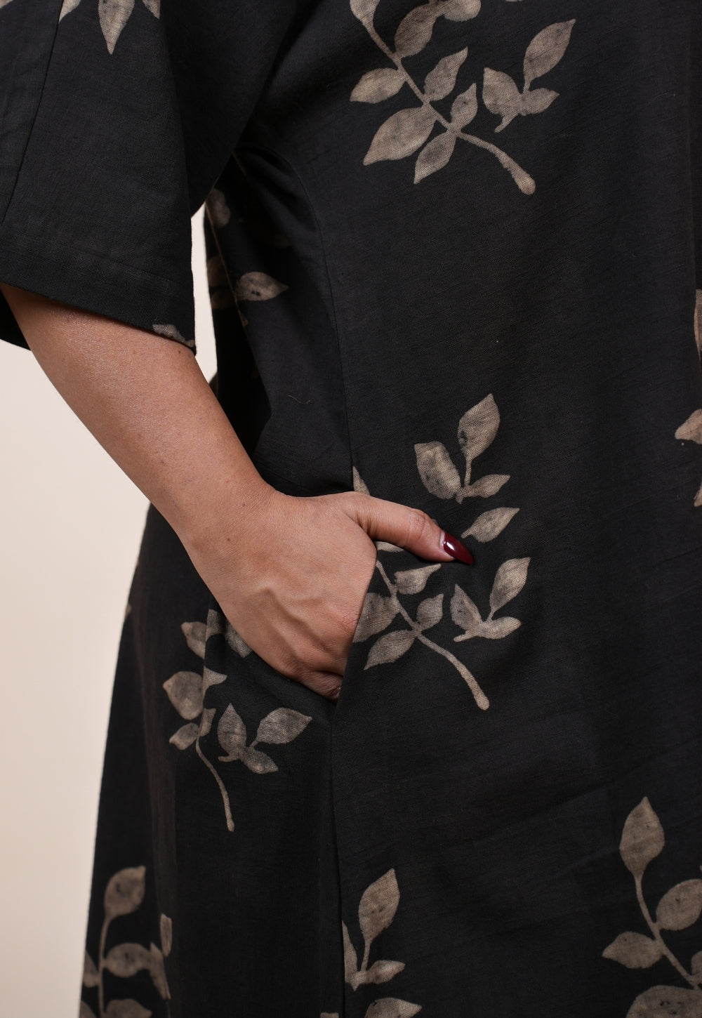 Risha Brown Dabu Slub Cotton A Line Dress