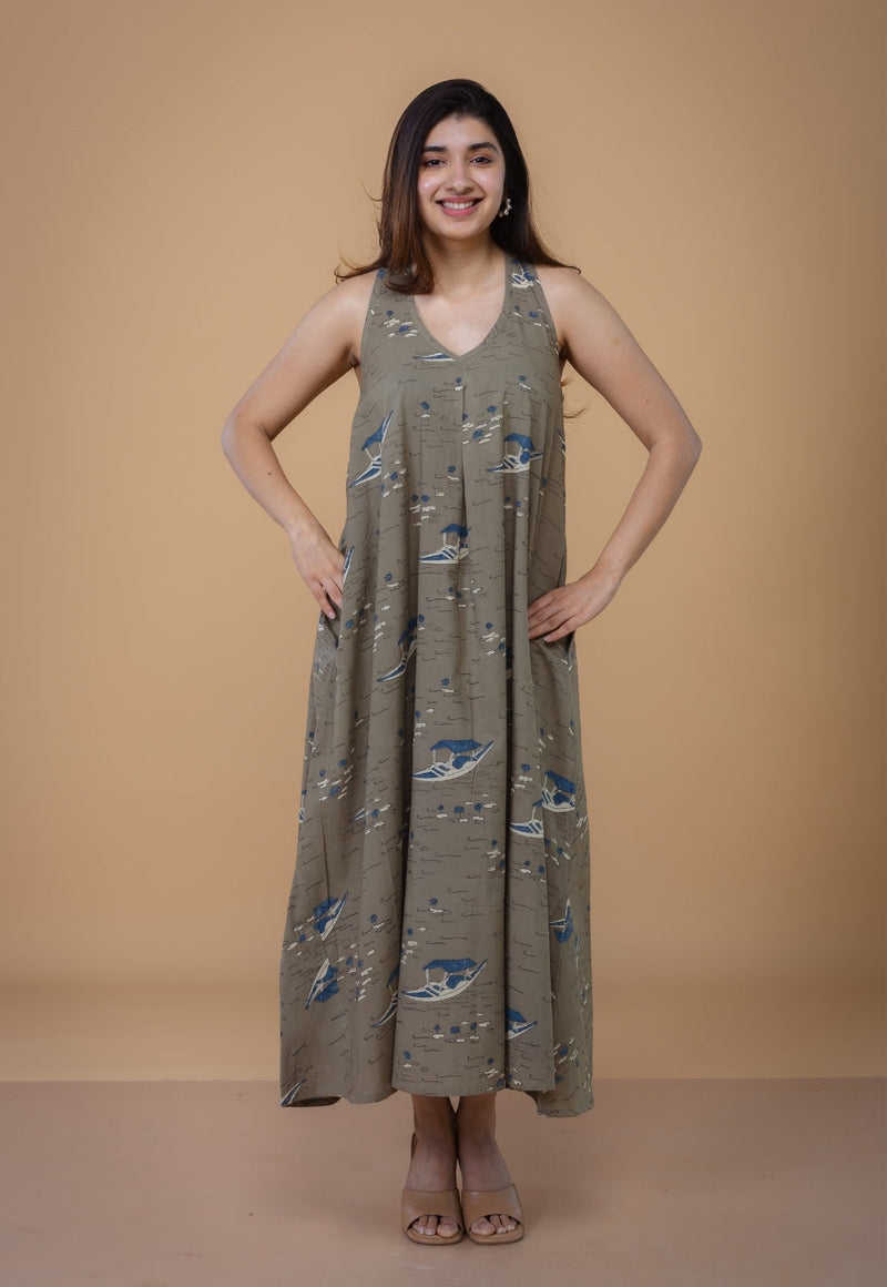 Tashi Grey Ajrakh Cotton A Line Dress