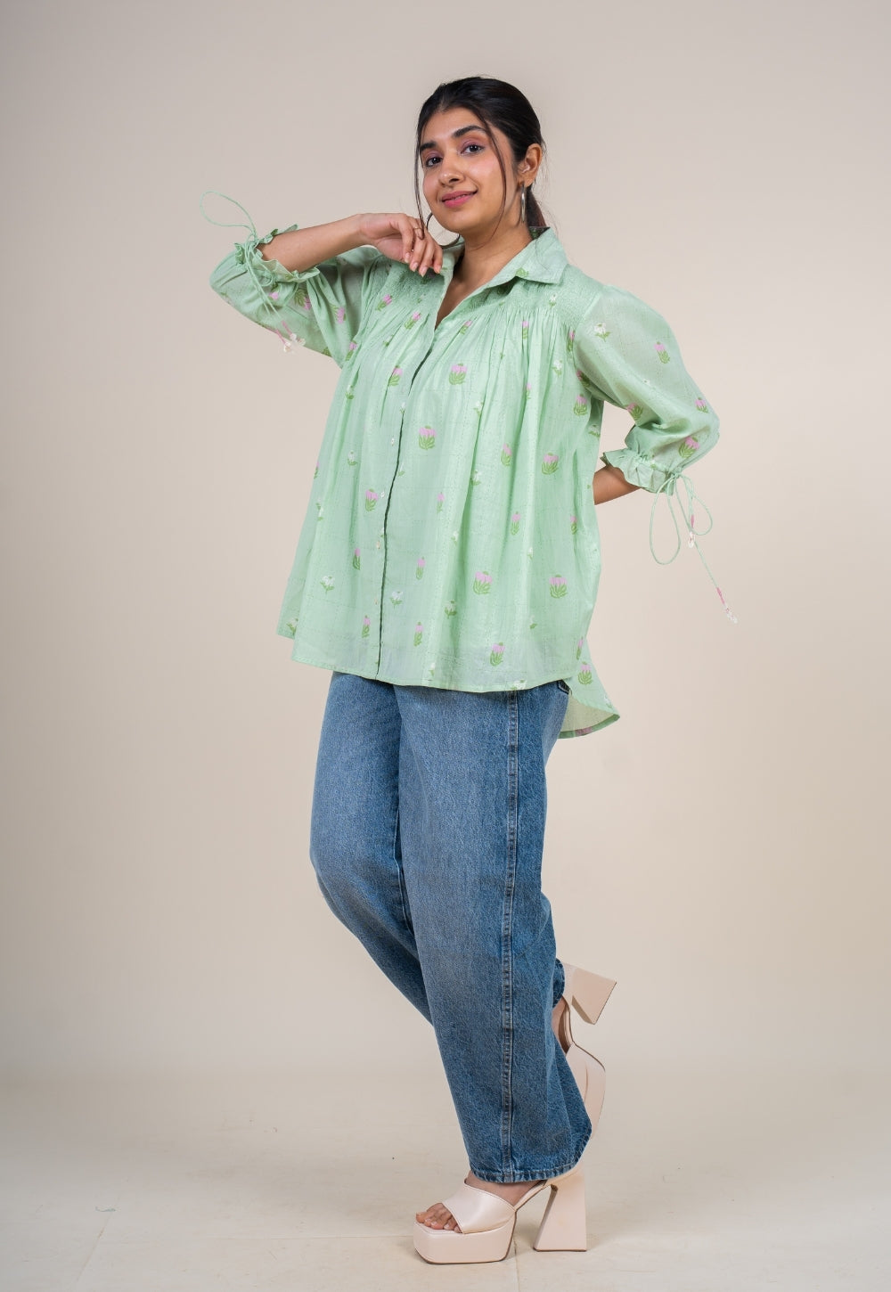 Yuvika Mint Green Printed Mul Straight Short Top