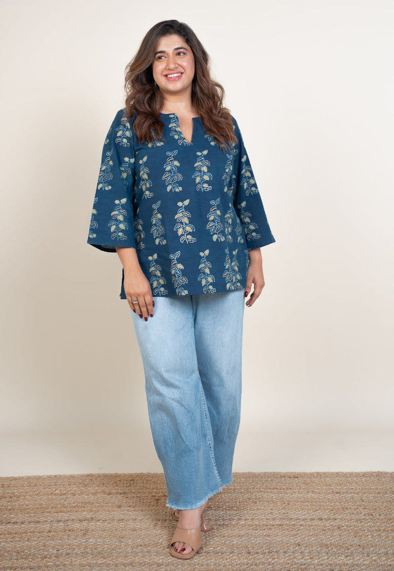 Anvi Blue Ajrakh Cotton Straight Short Top