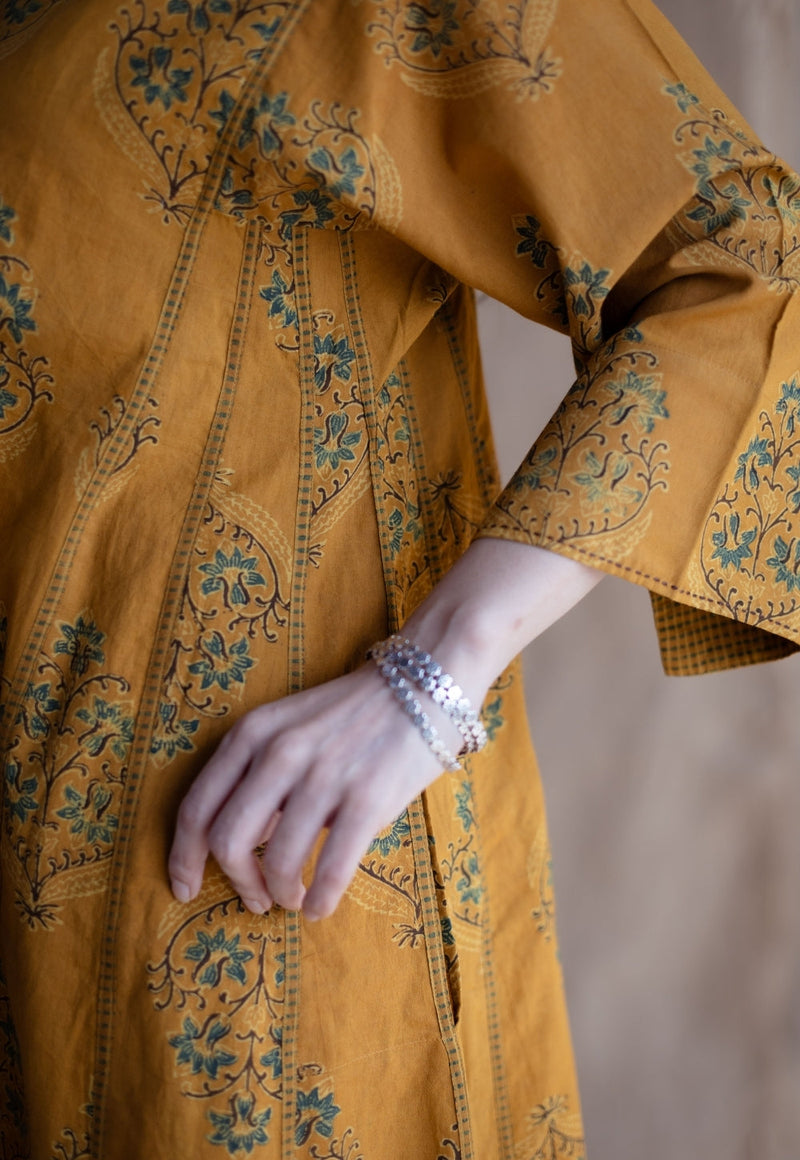 Trisha Mustard Ajrakh Cotton Jhabbha Kali Kurta with Hand Embroidery