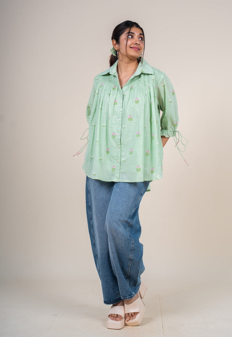 Yuvika Mint Green Printed Mul Straight Short Top
