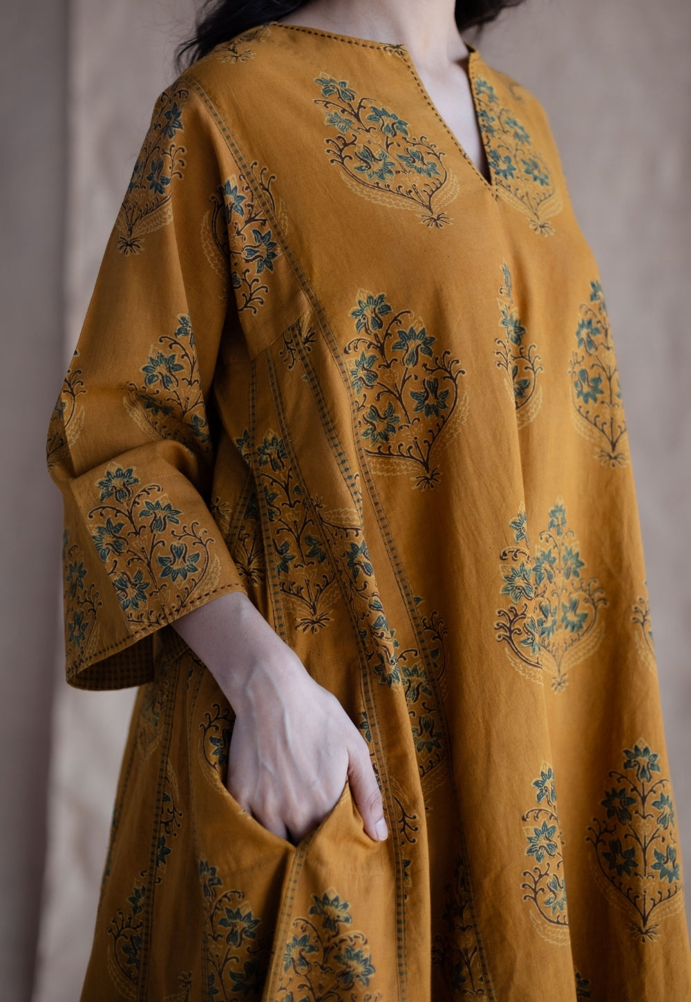 Trisha Mustard Ajrakh Cotton Jhabbha Kali Kurta with Hand Embroidery