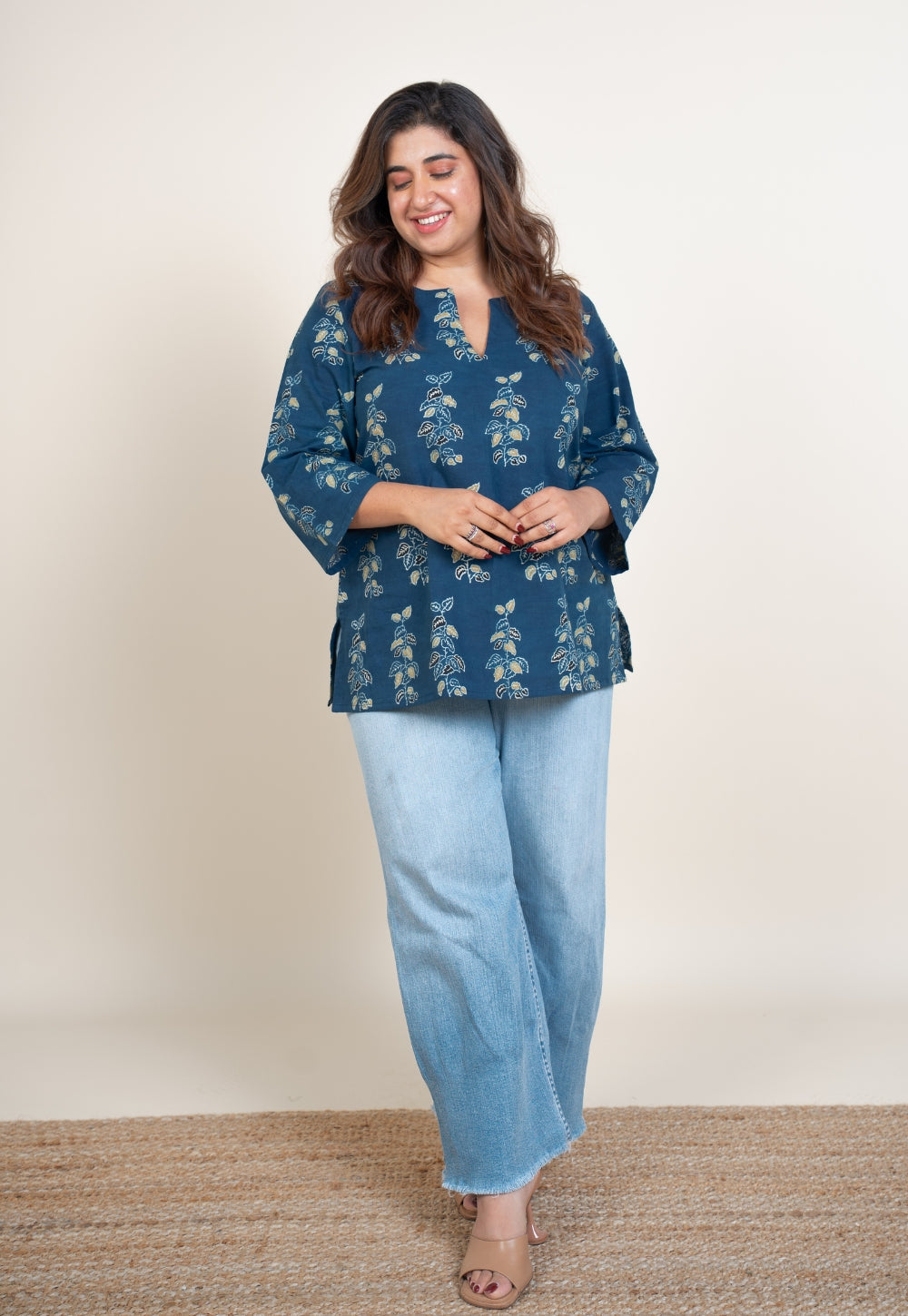Anvi Blue Ajrakh Cotton Straight Short Top