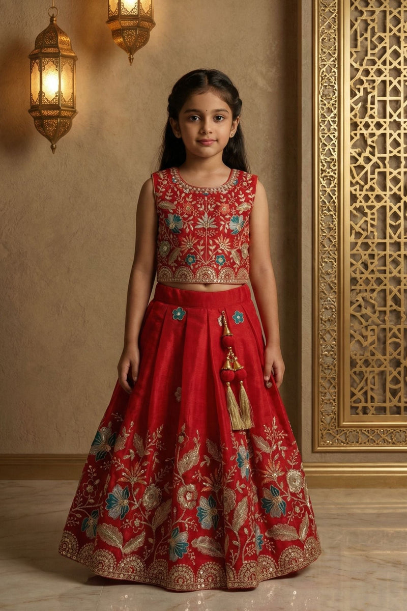 Red Embroidered Lehenga Choli Set with Net Dupatta For Girls