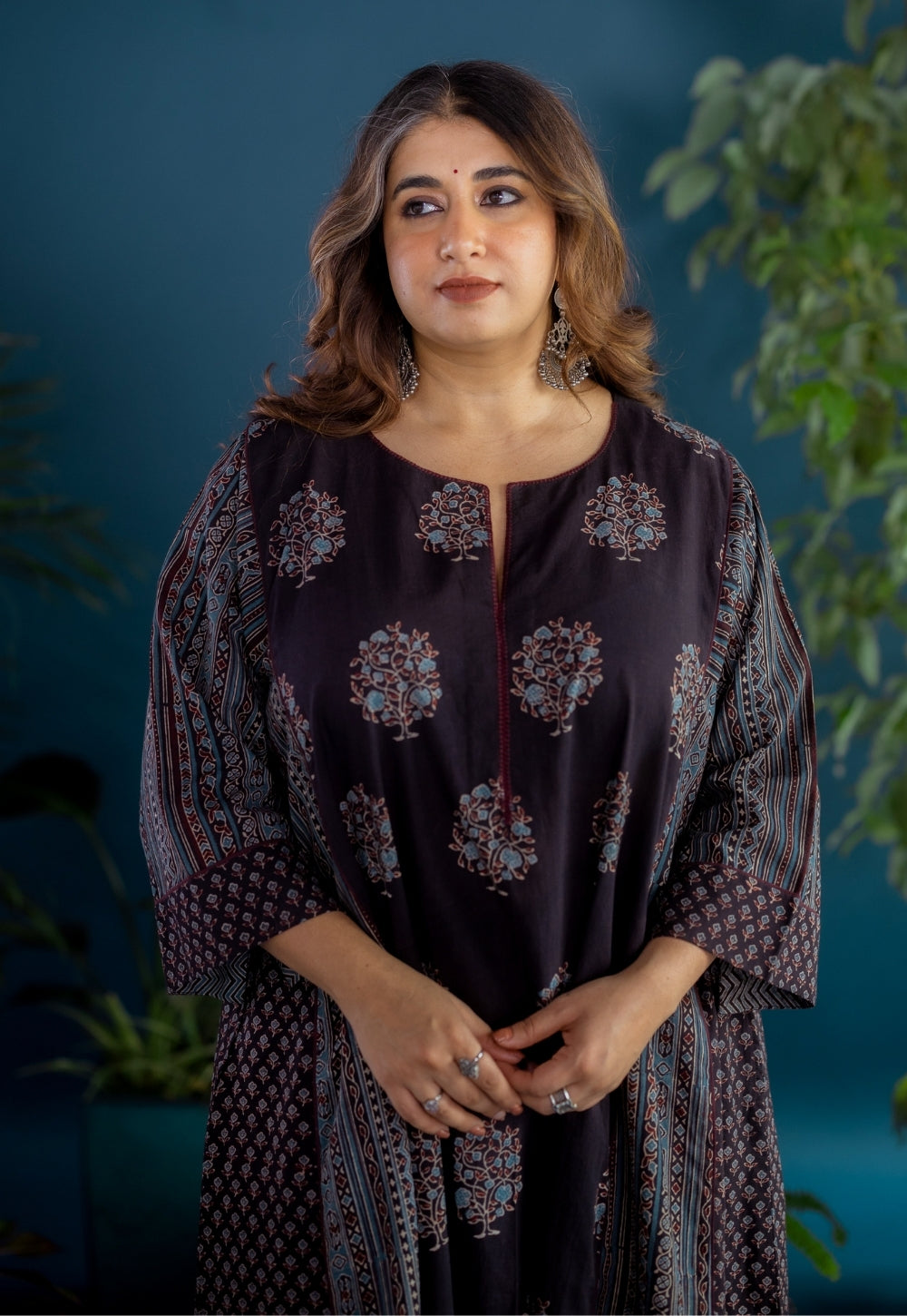 Garima Black Ajrakh Cotton Jhabbha Kali Kurta with Hand Embroidery