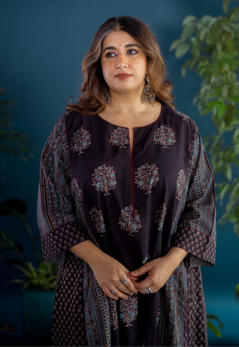Garima Black Ajrakh Cotton Jhabbha Kali Kurta with Hand Embroidery